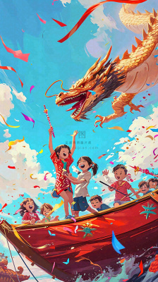 海面上龙船开船手绘插画，孩子人物，蓝天白云古风