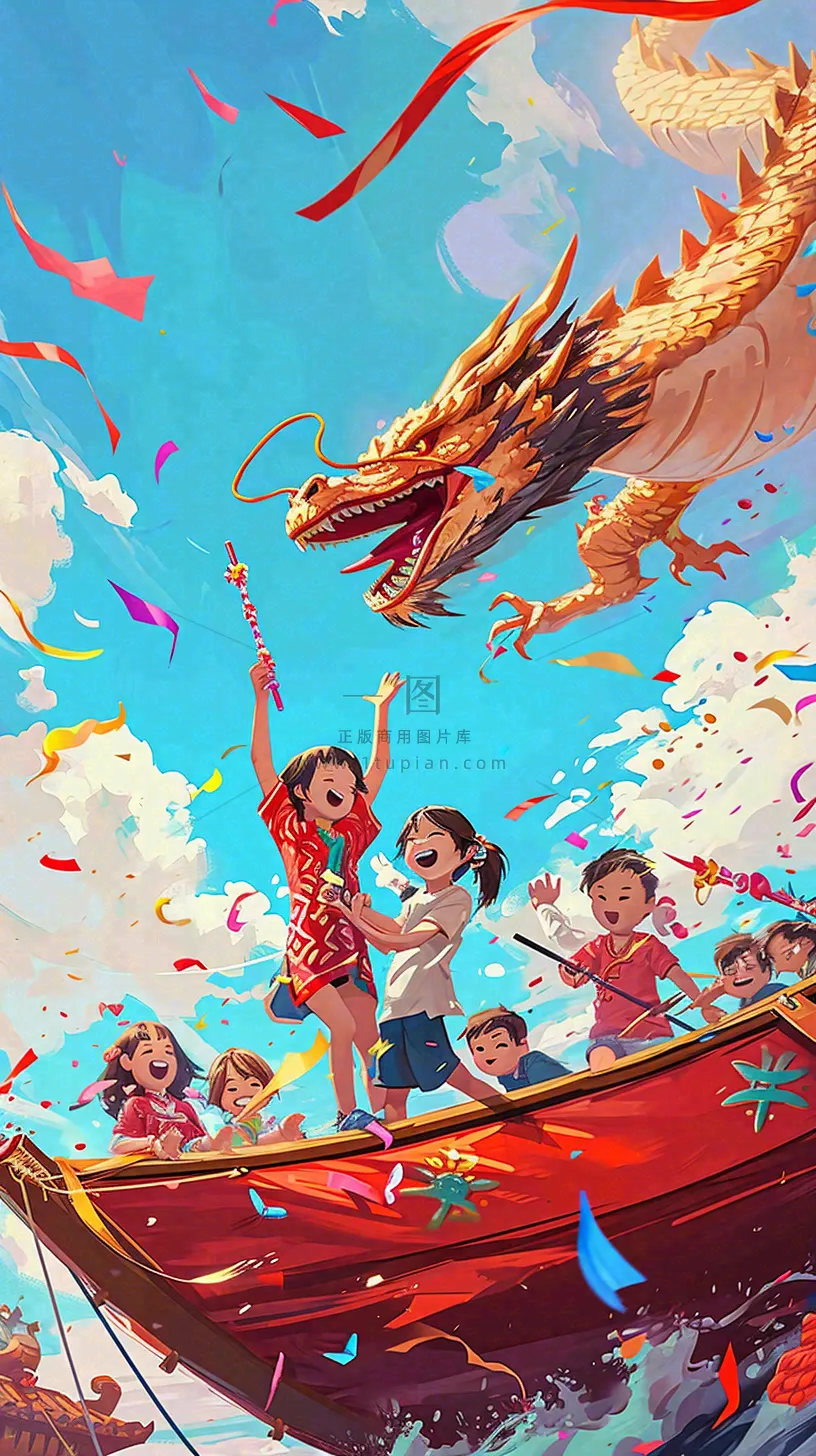 海面上龙船开船手绘插画,孩子人物,蓝天白云古风