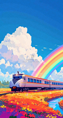 蓝天白云户外铁路草地彩虹手绘，色彩缤纷