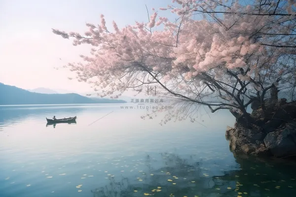 湖边的树开满了花朵，湖上有一艘船摄影图桌面壁纸