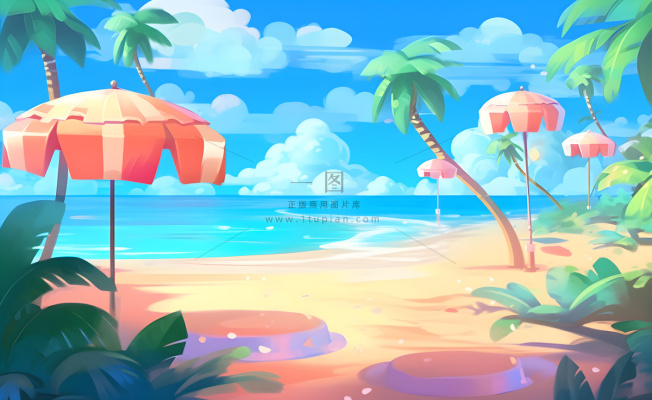 海边度假沙滩椰树冲浪天空插画背景