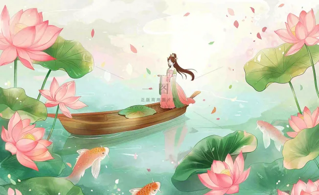 夏日清凉唯美荷花荷叶飘在水面古风少女乘小舟划船卡通人物插画处暑立夏小暑背景