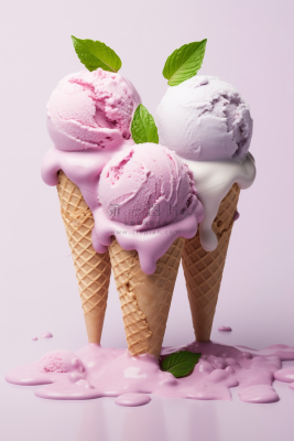 香芋冰淇淋球融化紫色背景摄影图