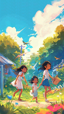 清新蓝天白云儿童路边行走手绘插画,花丛草地植物 清新蓝天白云儿童路边行走手绘插画,花丛草地植物