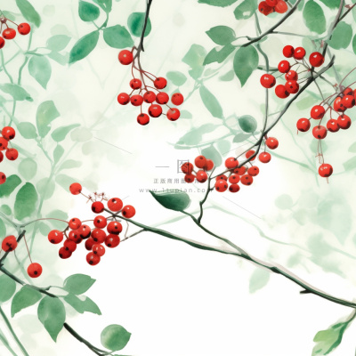 树枝上的红色果实小清新植物水墨画插画素材
