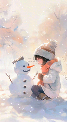 冬季白雪地堆雪人的小女孩可爱唯美大雪小雪冬至卡通插画背景