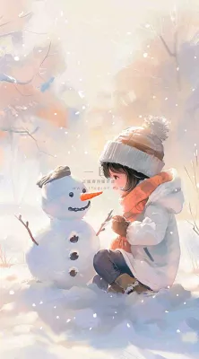 冬季白雪地堆雪人的小女孩可爱唯美大雪小雪冬至卡通插画背景