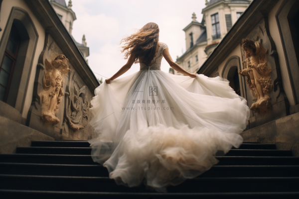 落跑新娘白色婚纱教堂楼梯摄影图