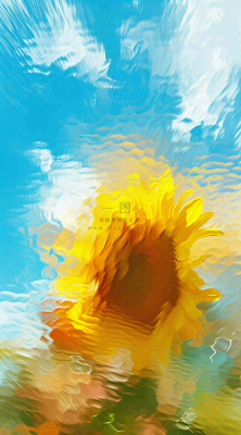 蓝天白云向日葵新鲜黄色花束，清新朦胧