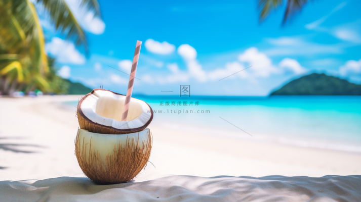 夏日海边沙滩椰子饮料摄影图