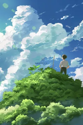 夏日天空之境男孩白云蓝天绿草地插画背景