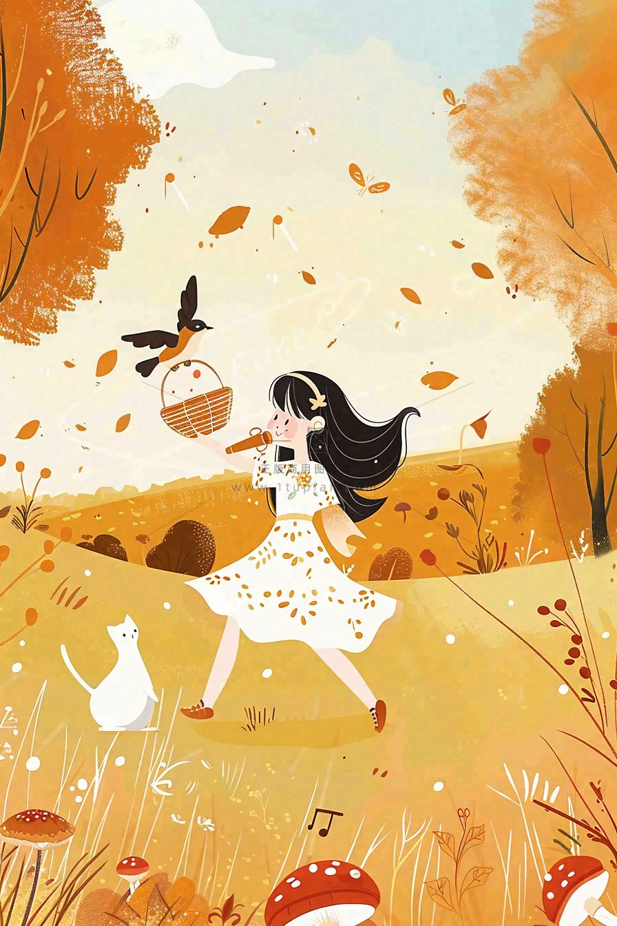 秋游展板梦幻秋景女孩秋游野餐欢乐音乐起舞动物动员立秋秋分卡通插画背景