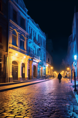 夜晚街区街道路灯月亮摄影图