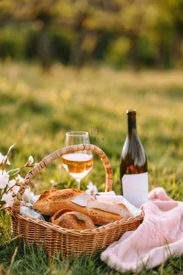 春天户外草坪野餐篮子露营食物酒面包摄影