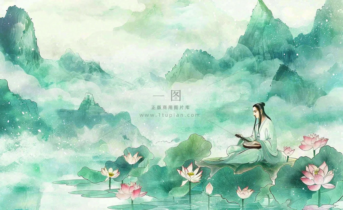 古风屈原人物山水画荷花端午时节中国风水墨插画背景