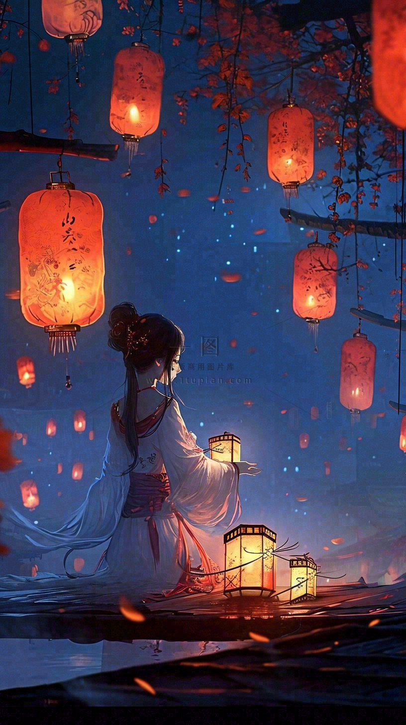 古风夜晚湖边少女灯笼意境水面