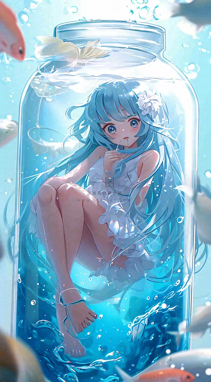漫画少女海底瓶罐金鱼水面鱼类游泳插画手绘