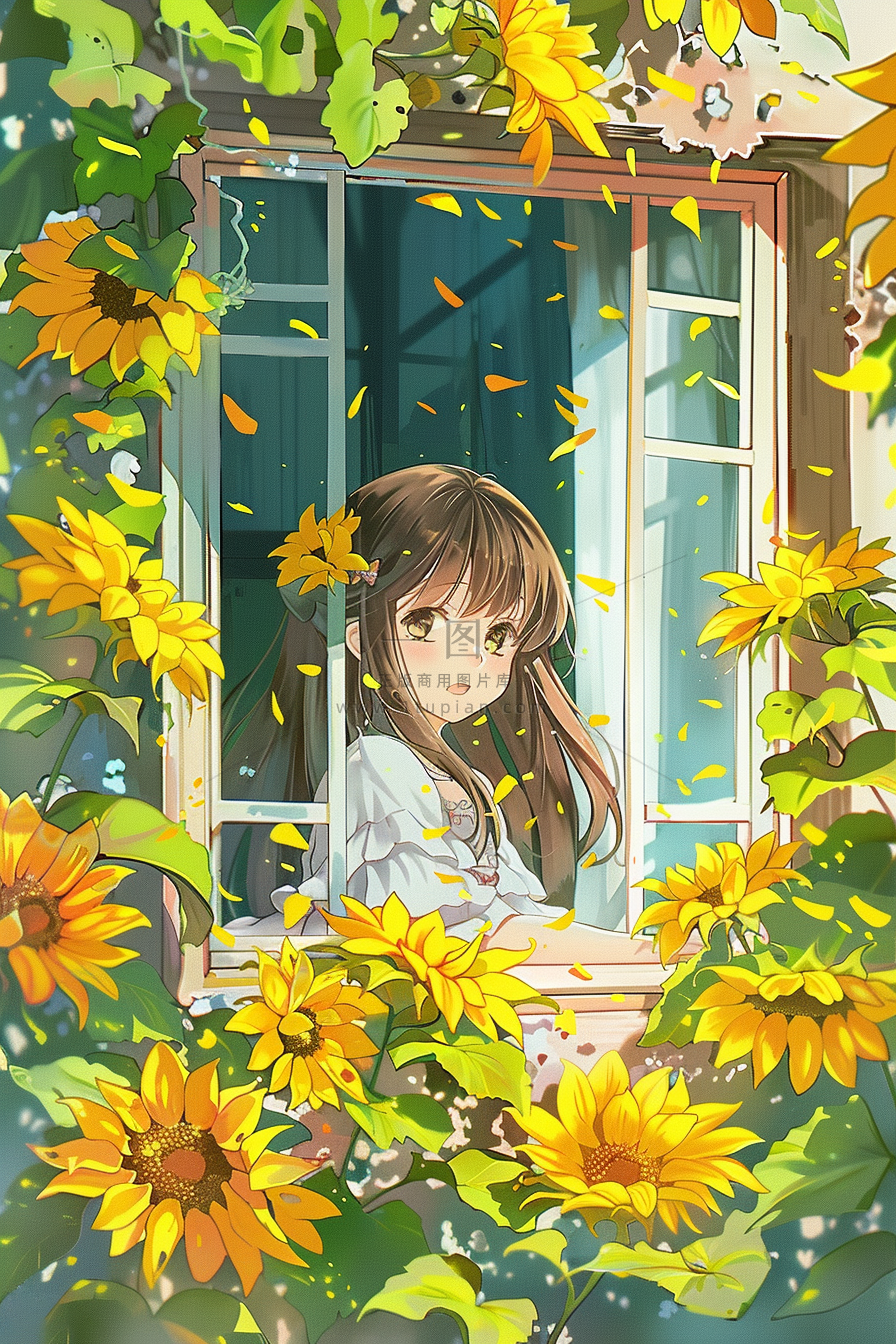 在向日葵花海窗台上沉思的少女插画背景