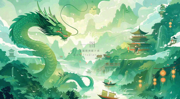 中国风国潮插画龙绿色盛世端午节插画背景 中国风国潮插画龙绿色盛世端午节插画背景