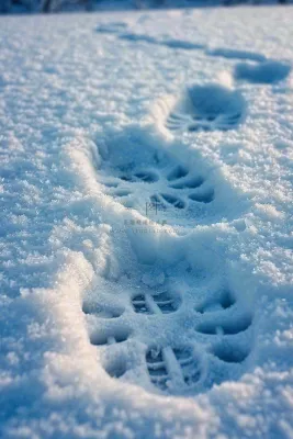 冬天雪地里的脚印蓝白色小雪大雪摄影图