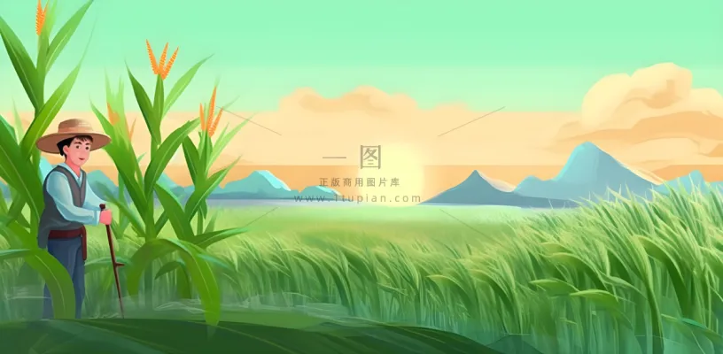 农田庄稼小麦玉米地夕阳晚霞绿色背景