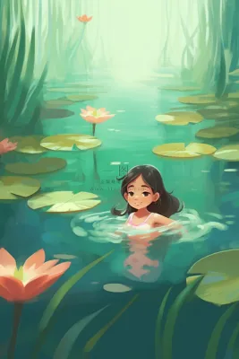 夏日女孩在睡莲荷叶水里玩水水里泛起碧波卡通插画