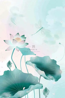夏天小清新荷花荷叶静雅弥散风绿粉色蜻蜓立夏夏至处暑插画背景
