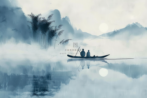 水墨山水画小船河面山川连绵国画插画背景