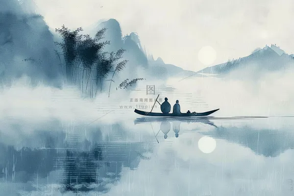 水墨山水画小船河面山川连绵国画插画背景