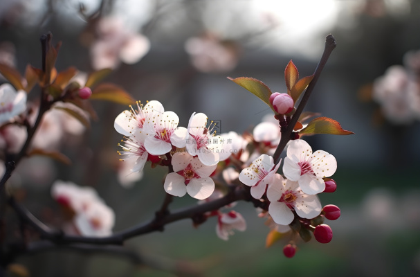 开花的中国传统梅花在阳光下摄影图