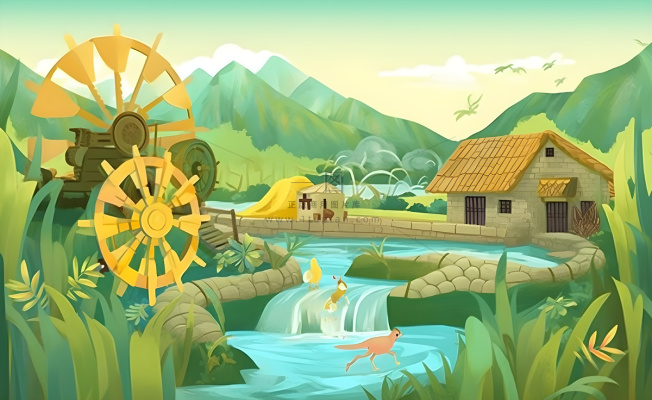 春天田园绿色自然风车水河流畜牧插画素材背景 春天田园绿色自然风车水河流畜牧插画素材背景