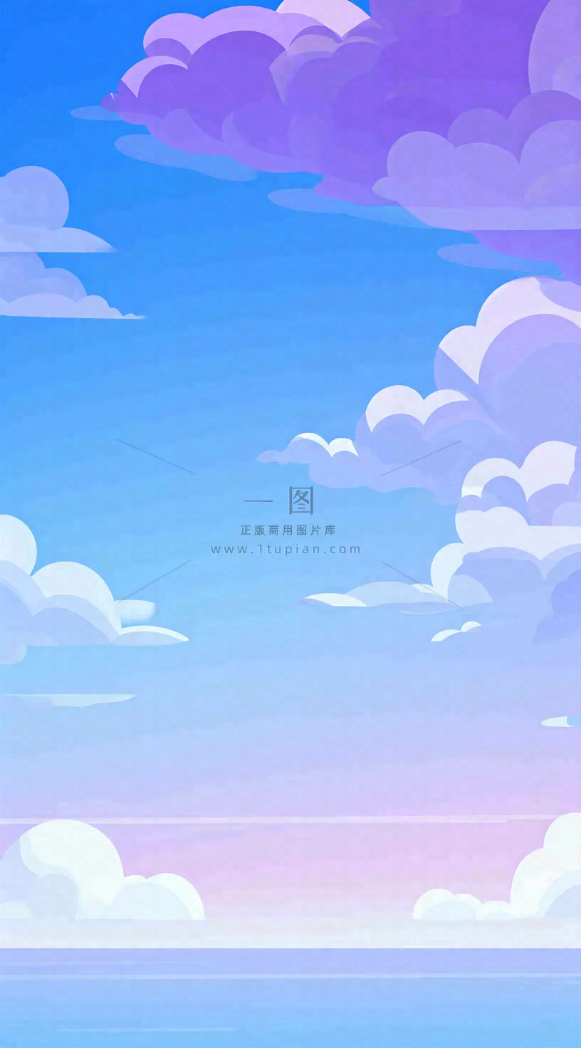 粉蓝渐变天空白云简约温馨,阳光海面海洋扁平插画