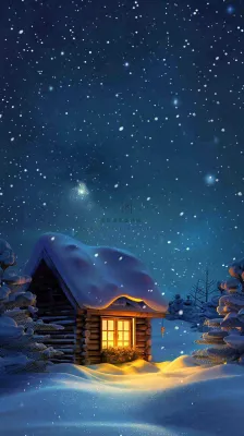 冬季夜晚蓝色星空下的小木屋灯火平安夜插画背景