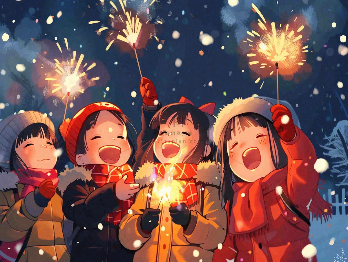 孩童儿童一起放烟花场景开心热闹庆祝新年春节小年除夕夜卡通插画背景