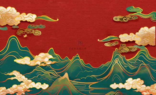 红色国潮风山川祥云喜庆元旦插画背景