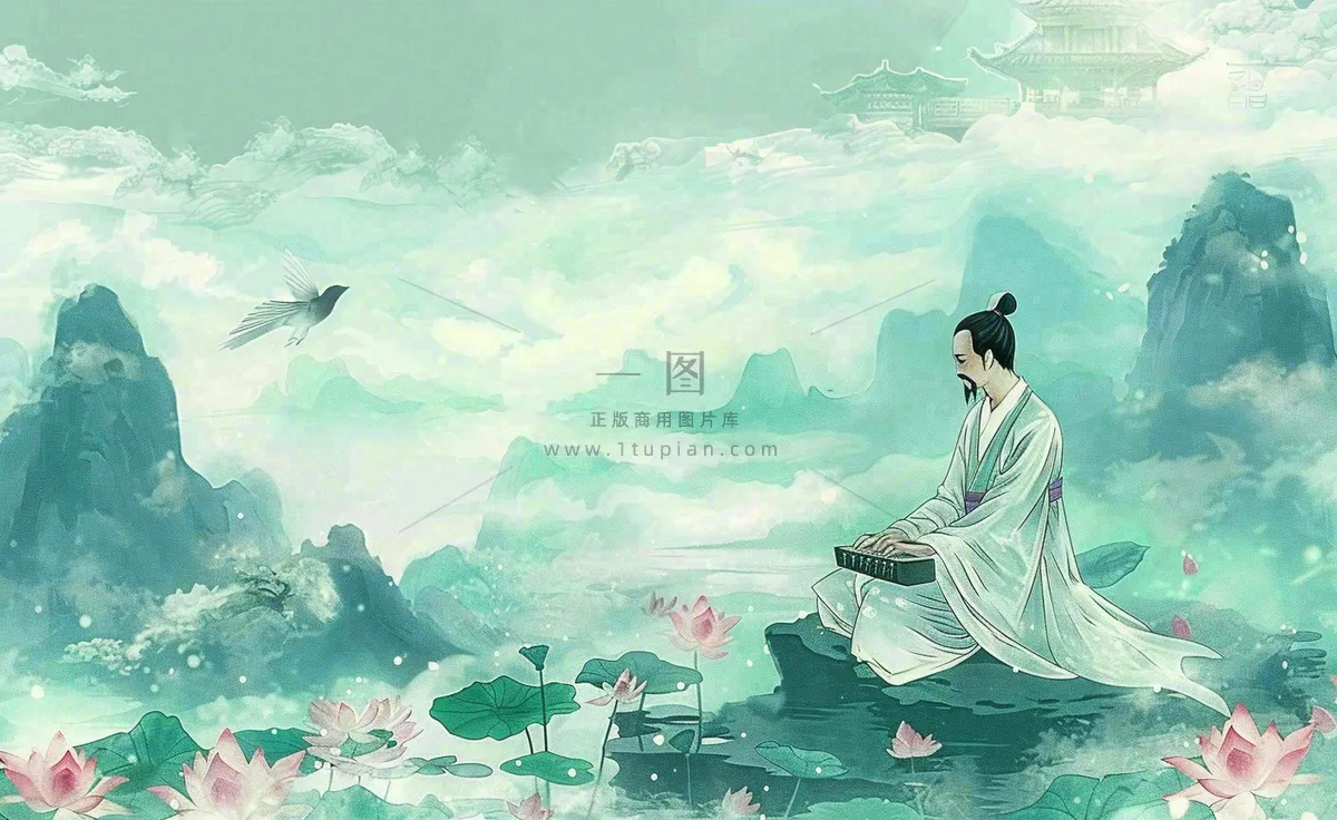 古风屈原人物山水画荷花端午时节中国风水墨插画背景