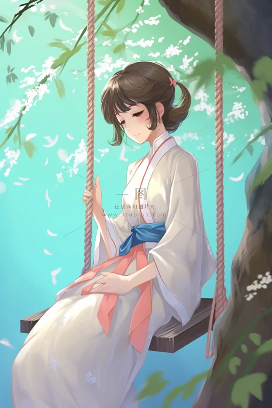 春天梨花树下秋千的少女古风汉服服饰卡通插画背景