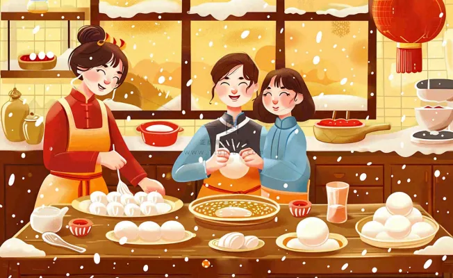 全家福彩色卡通手绘春节除夕初一全家人包饺子包子年夜饭冬至温馨插画背景