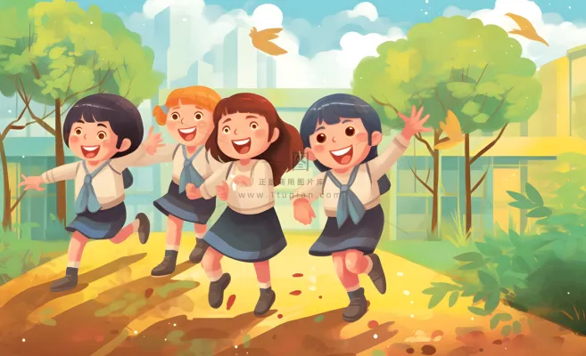 孩子们放学回家落叶欢乐卡通插画背景