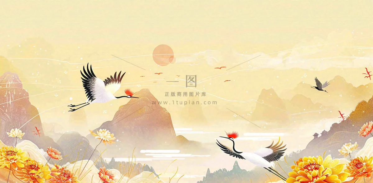 国潮风重阳菊花仙鹤山水场景插画中秋背景