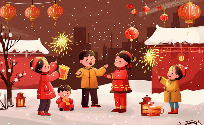 卡通新年除夕夜孩童放烟花鞭炮团聚喜庆春节插画过年背景