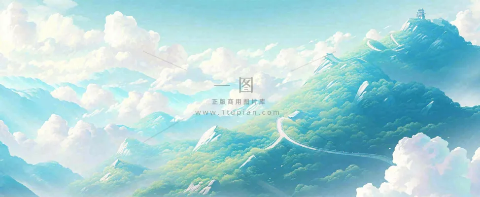 崇山峻岭高山白云中国风插画长城风景 崇山峻岭高山白云中国风插画长城风景