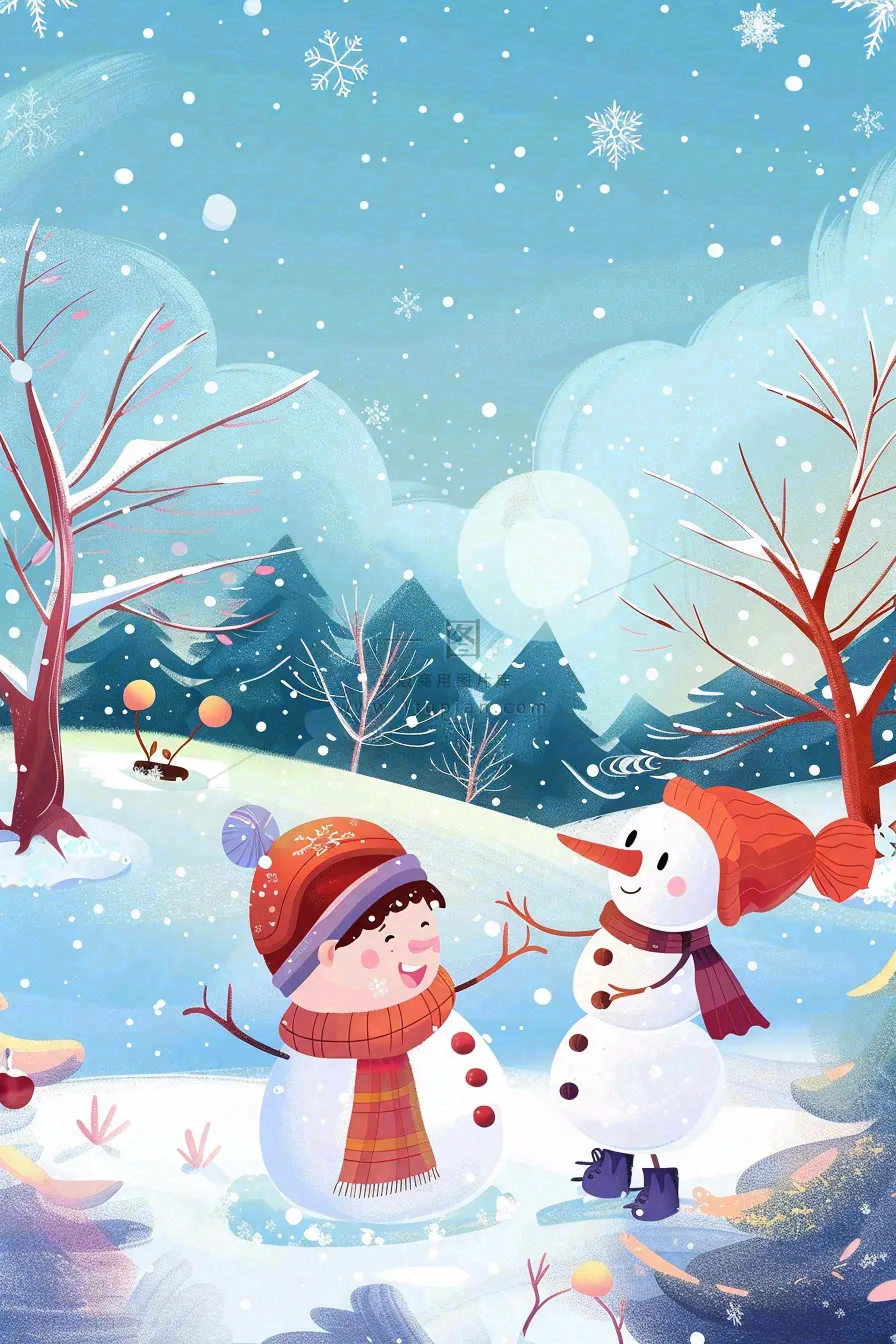 冬天大雪纷飞堆雪人寒冷立冬小雪冬至卡通插画背景