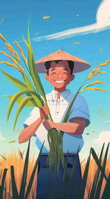 农民抱着一束水稻稻穗农田小满芒种插画背景