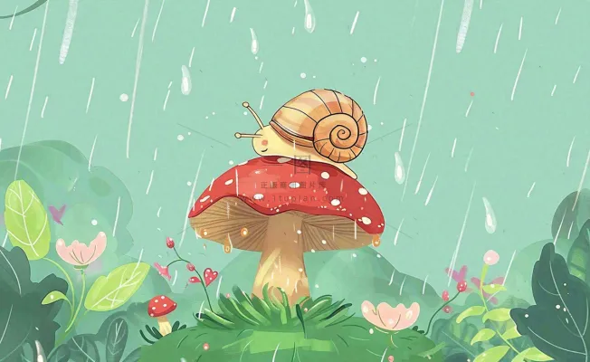 春天雨水蘑菇上的蜗牛森林惊蛰谷雨插画背景