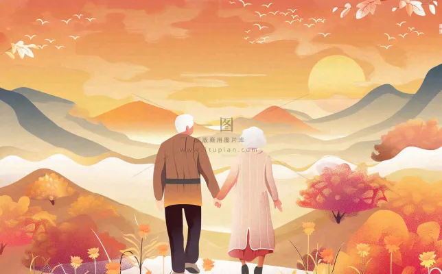 重阳节黄昏老人登高望远背影卡通插画背景