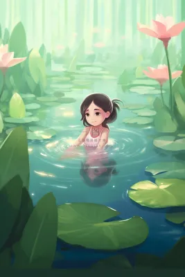 夏日女孩在睡莲荷叶水里玩水水里泛起碧波卡通插画