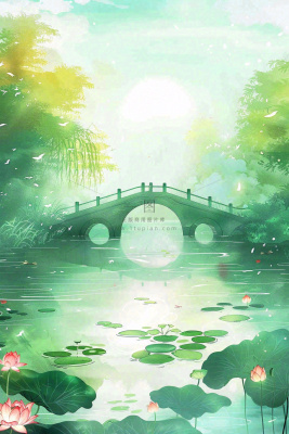春夏绿意风景小清新荷花池塘拱桥绿荫阳光惊蛰春分立夏夏至水彩插画背景 春夏绿意风景小清新荷花池塘拱桥绿荫阳光惊蛰春分立夏夏至水彩插画背景