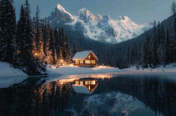 雪山下的湖泊木屋灯火大自然雪景摄影图