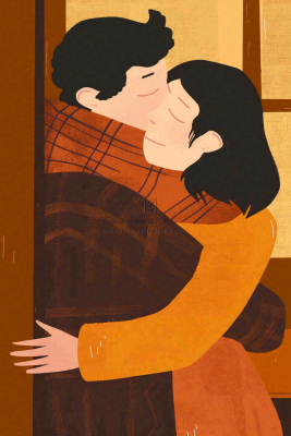 情侣相拥陪伴情人节七夕复古插画背景